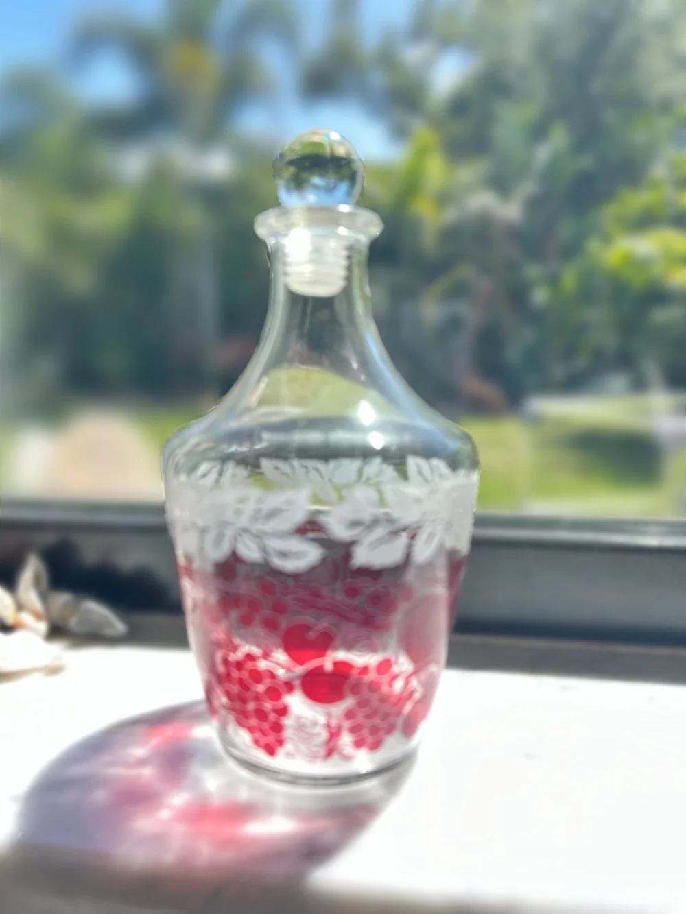 Vintage French Cranberry Etched Glass Cordial Decanter